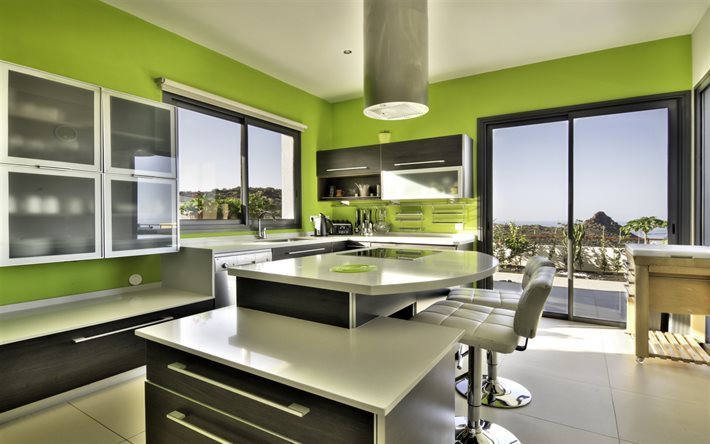 projeto da cozinha moderna, verde de cozinha, cozinha interior, paredes verdes