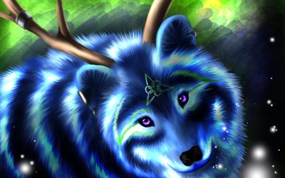 azul lobo, arte, pintado lobo, predador, floresta, neon lobo