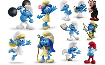 Smurfs, The Lost Village, 2017, 4k, all characters, Smurfetta, Gargamel