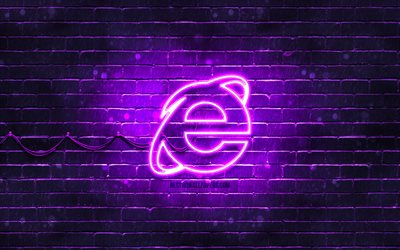 Internet Explorer violet logo, 4k, violet brickwall, Internet Explorer logo, brands, Internet Explorer neon logo, Internet Explorer