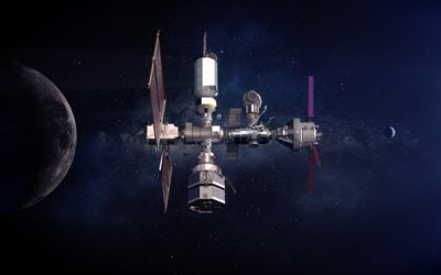 space station, open space, earth, moon, earth satellite, solar system