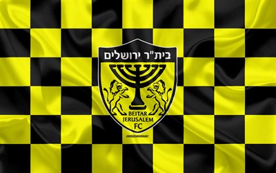 Beitar Jerusalem FC, 4k, Israeli Premier League, yellow and black checkered flag, Israeli football club, silk flag, football, soccer, Beitar Jerusalem logo, Israel