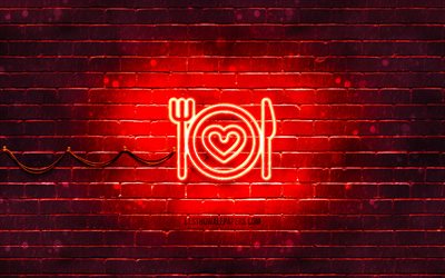 Love Food neon-ikon, 4k, r&#246;d bakgrund, neonsymboler, Love Food, kreativa, neonikoner, Love Food-tecken, matskyltar, Love Food-ikonen, matikoner