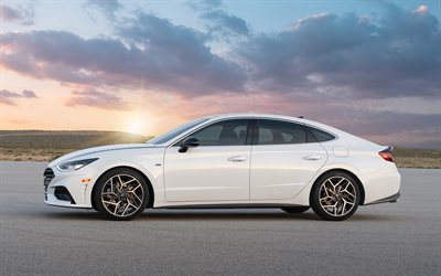 Hyundai Sonata N Line, 2021, side view, exterior, white sedan, new white Sonata, Korean cars, Hyundai