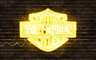 Harley-Davidson gul logotyp, 4k, gul brickwall, Harley-Davidson-logotyp, motorcykelm&#228;rken, Harley-Davidson neonlogotyp, Harley-Davidson