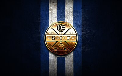 stromsgodset fc, logo dorato, eliteserien, sfondo di metallo blu, calcio, squadra di calcio norvegese, logo stromsgodset fc, stromsgodset toppfotball