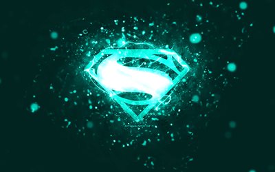 superman-t&#252;rkis-logo, 4k, t&#252;rkisfarbene neonlichter, kreativer, t&#252;rkisfarbener abstrakter hintergrund, superman-logo, superhelden, superman