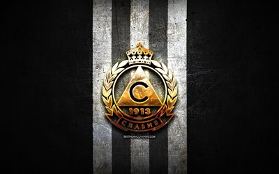 Slavia Sofia FC, golden logo, Parva liga, black metal background, football, bulgarian football club, Slavia Sofia logo, soccer, PFC Slavia Sofia