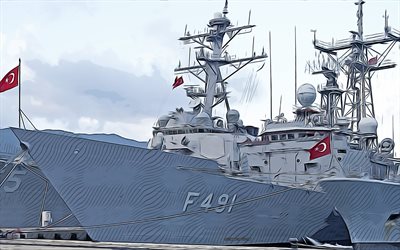 tcg جيرسون, إف - 491, 4k, ناقلات الفن, رسم tcg giresun, القوات البحرية التركية, فن إبداعي, فن tcg giresun, f491, ناقلات الرسم, سفن مجردة, tcg giresun f-491, البحرية التركية