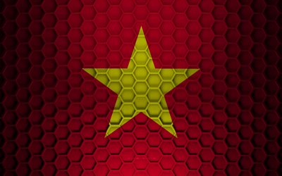 Vietnam flag, 3d hexagons texture, Vietnam, 3d texture, Vietnam 3d flag, metal texture, flag of Vietnam
