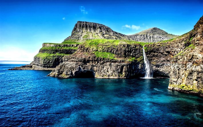 ocean, coast, rocks, waterfall, Hawaii, USA