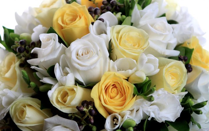 bouquet de mariage, roses, roses blanches, roses jaunes