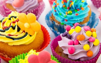 muffins, sweets, baked goods, muffins with colorful cream, purple cream, yellow cream