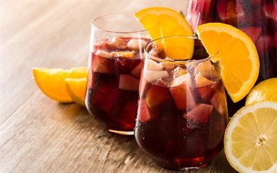 Sangria, Traditional Spanish drink, Sangria in glasses, orange, Red wine, fruit wine