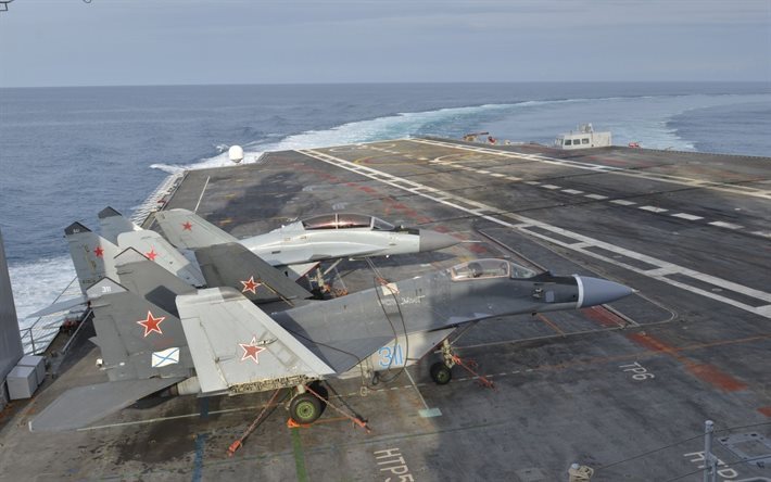 MiG-29KUB, fighters, aircraft carrier deck, MIG-29, Russian Air Force