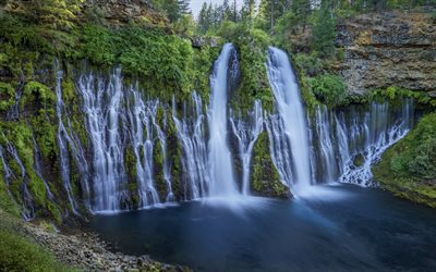 waterfall, lake, rock, mountain waterfall, forest, green trees, beautiful waterfalls