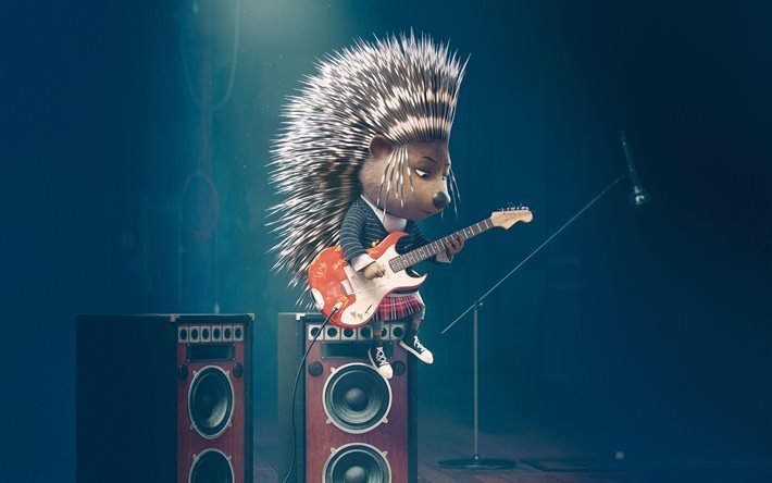 sing, 2016, ash, hedgehog, hedgehog with guitar, scarlett_johansson