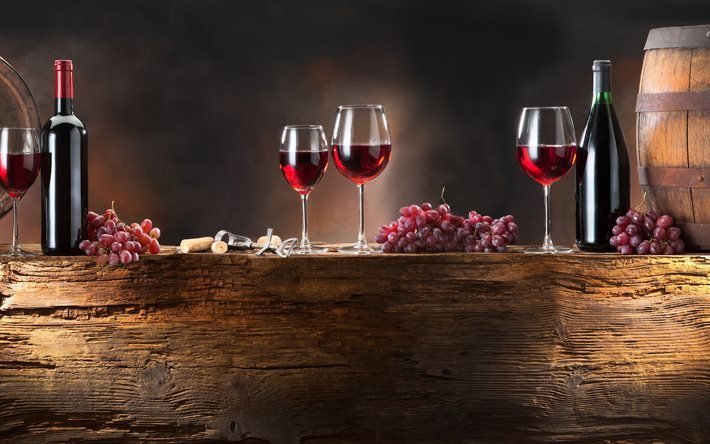 vino, copas con el vino, el vino tinto, las uvas, el barril de vino, bodega