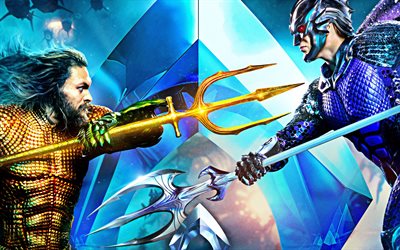 Aquaman, 2018, 4k, d&#39;affiches, de la promo, fantastique film d&#39;action, les personnages, Aquaman vs Roi Orm