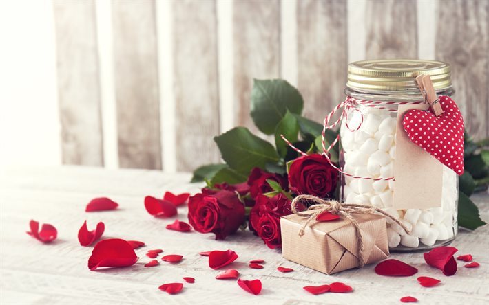 Dia Dos Namorados, presente, p&#233;talas de rosa, rosa vermelha, romance, buqu&#234; de rosas