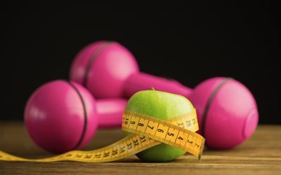 weight loss, diet, green apple, measuring tape, slimming, pink dumbbells