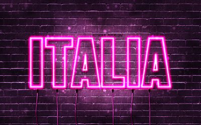 Italia, 4k, wallpapers with names, female names, Italia name, purple neon lights, Italia Birthday, Happy Birthday Italia, popular italian female names, picture with Italia name