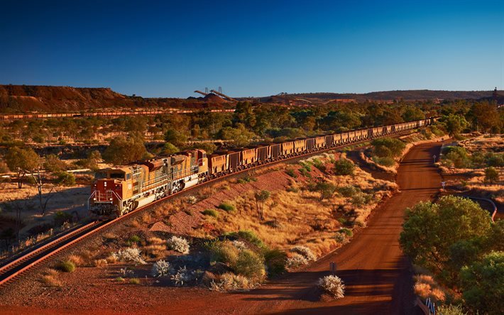 treno da carico, Australia, miniere, deserto, ferrovia, treni