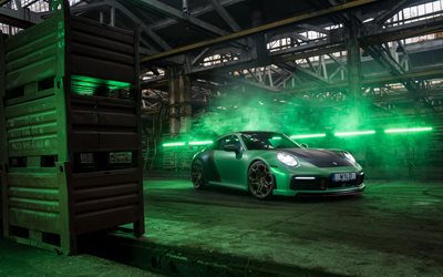 4k, porsche 911 turbo s, techart, verde coche deportivo, verde porsche 911, coches deportivos alemanes, porsche 911 tuning, porsche