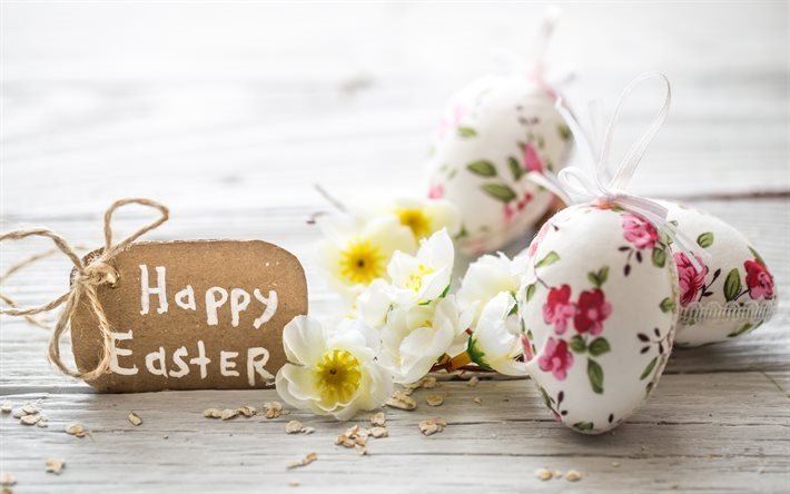 Happy Easter, eggs, flowers, spring, Easter