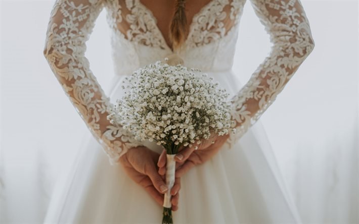 花嫁, 結婚, リトルホワイトウェディングブーケ, ウェディングドレス