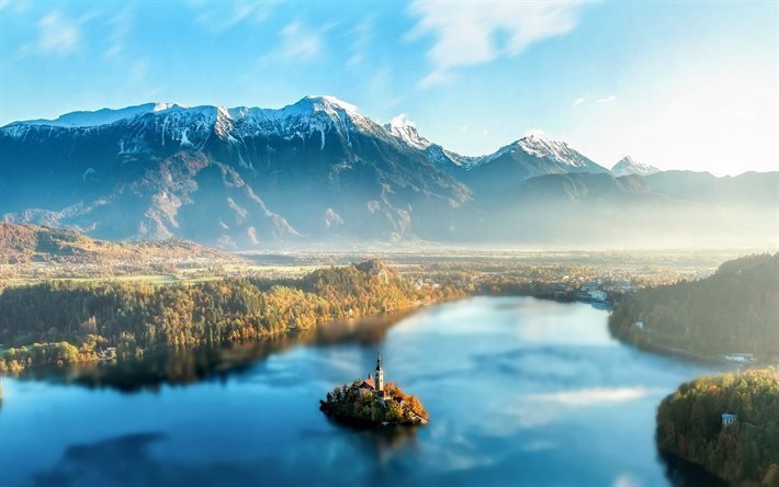 Bled, lago, floresta, montanhas, Eslov&#233;nia