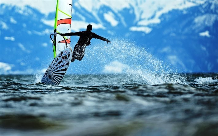vindsurfing, extreme, hoppa, havet