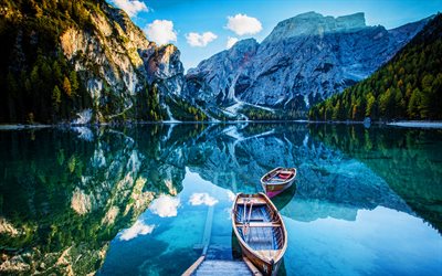 Lago Braies, 4k, bela natureza, lago de montanha, montanhas, O Lago De Braies, Pragser Wildsee, Tirol Do Sul, It&#225;lia, Europa, Dolomitas, natureza italiano, HDR
