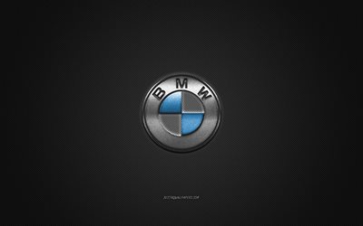 BMW logo, silver logo, gray carbon fiber background, BMW metal emblem, BMW, cars brands, creative art
