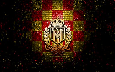 kv mechelen, logotipo brillante, jupiler pro league, fondo a cuadros amarillo rojo, f&#250;tbol, ​​club de f&#250;tbol belga, logotipo de kv mechelen, arte de mosaico, ​​mechelen fc