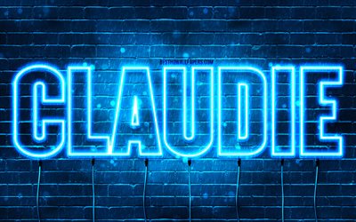 Happy Birthday Claudie, 4k, blue neon lights, Claudie name, creative, Claudie Happy Birthday, Claudie Birthday, popular french male names, picture with Claudie name, Claudie