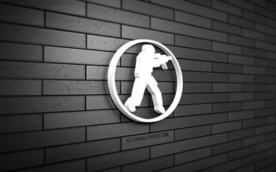 logo counter-strike 3d, 4k, mur de briques gris, cr&#233;atif, marques de jeux, logo counter-strike, art 3d, counter-strike