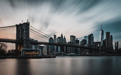 ponte di brooklyn, new york, manhattan, world trade center 1, sera, tramonto, paesaggio urbano di new york, grattacieli, new york city, stati uniti