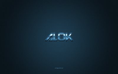 alok-logo, blau gl&#228;nzendes logo, alok-metallemblem, blaue kohlefaserstruktur, alok, marken, kreative kunst, alok-emblem
