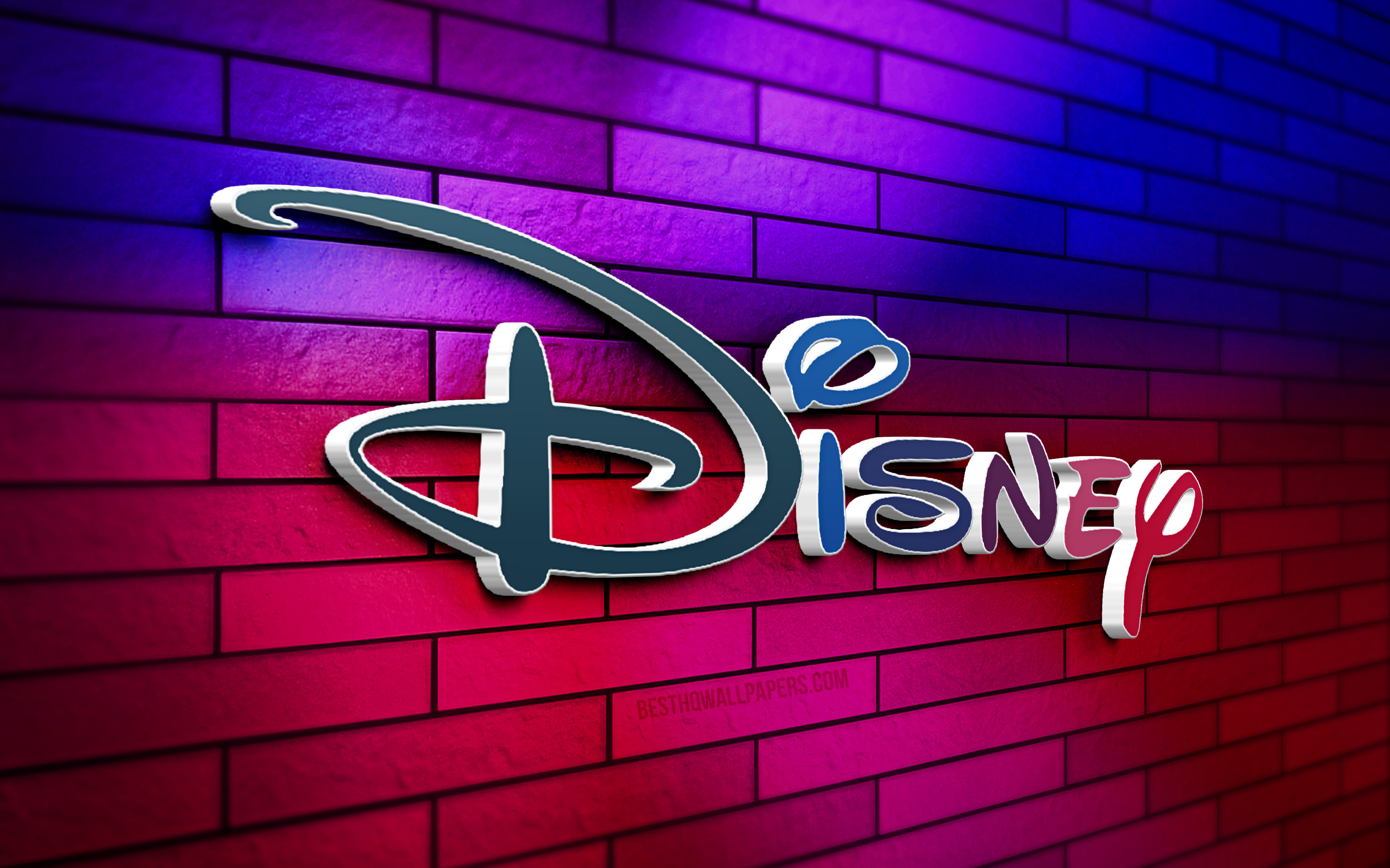 Scarica Sfondi Logo Disney 3d 4k Muro Di Mattoni Colorato Creativo