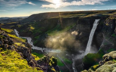 Haifoss, waterfall, Granni, Iceland, mountain river, waterfalls, Haifoss waterfall, Granni waterfall, evening, sunset