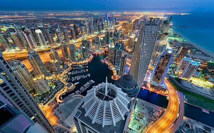 Dubai, EMIRADOS &#225;rabes unidos, noite, arranha-c&#233;us, paisagem urbana, Oriente