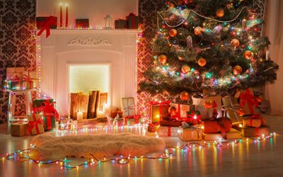 Christmas tree, fireplace, evening, New Year, burning garlands, Christmas