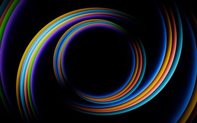 colorful circles, 4k, black backgrounds, creative, abstract waves, minimalism, abstract circles, background with circles