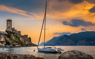 Scaligero Castle, Lake Garda, evening, sunset, ancient fortress, sailboat, Alps, yacht, beautiful lake, Sirmione, Lombardy, Italy