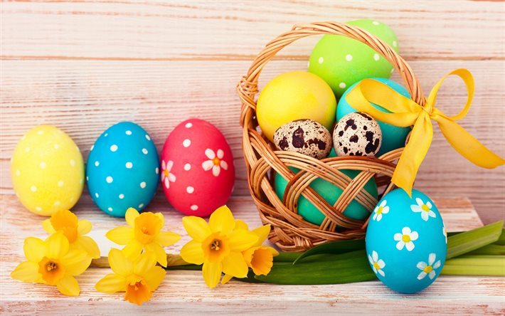 La pascua, cesta, huevos de Pascua, amarillo, flores de primavera