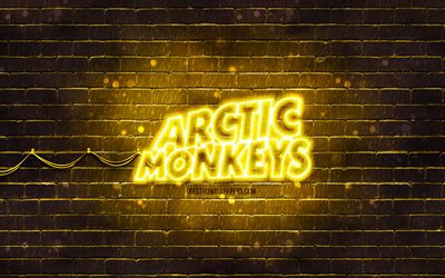 logotipo amarillo de arctic monkeys, 4k, banda de rock brit&#225;nica, estrellas de la m&#250;sica, pared de ladrillo amarillo, logotipo de arctic monkeys, logotipo de ne&#243;n de arctic monkeys, arctic monkeys