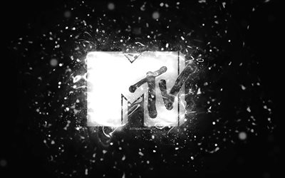 logotipo blanco de mtv, 4k, luces de ne&#243;n blancas, creativo, fondo abstracto negro, televisi&#243;n musical, logotipo de mtv, marcas, mtv