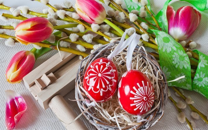 La pascua, primavera, los tulipanes, cesta, huevos de pascua, Pascua Feliz