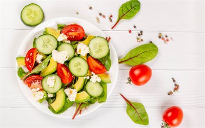 salad, healthy meal, avocado cucumber tomato salad, diet concepts, salads, plate with salad